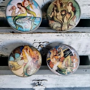 Vintage Mermaid Handmade Wood Cabinet Knobs Drawer Pulls Set of 4 Shabby Beach House Decor