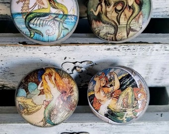 Vintage Mermaid Handmade Wood Cabinet Knobs Drawer Pulls Set of 4 Shabby Beach House Decor