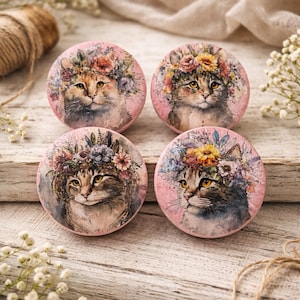 Floral Cat Cabinet Knobs – Handmade Wooden Drawer Pulls – Cottagecore Cat Decor – Vintage Style Dresser Knobs