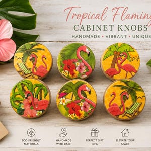 Pink Flamingo Cabinet Knobs Handmade Wood Drawer Pulls