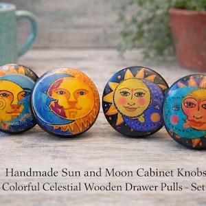Handmade Sun and Moon Cabinet Knobs – Celestial Drawer Pulls – Colorful Boho Cabinet Hardware – Set of  Wooden Knobs