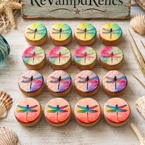 May include: Sixteen round wooden knobs arranged in four rows, each featuring a colorful dragonfly illustration. The designs include gradients of yellow, green, pink, and purple. A wooden sign with the text ReVampdRelics sits above the knobs.