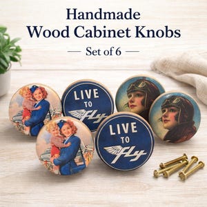 Vintage Aviation Cabinet Knobs – Set of Handmade Wood Drawer Pulls – Retro Pilot Decor – Airplane Nursery Aviation Theme Furniture Hardware