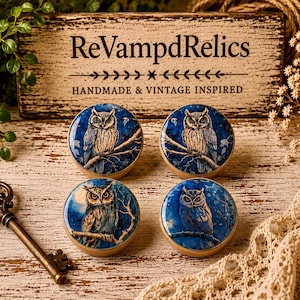 May include: Four round cabinet knobs featuring a detailed owl illustration perched on a branch against a dark blue night sky background. The knobs have a smooth, glossy finish and a light-colored base. A vintage-style metal key is positioned nearby.