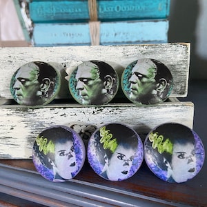 Frankenstein & Frankenstein’s Bride Handmade Wood  Knobs or Drawer Pulls Set of 6