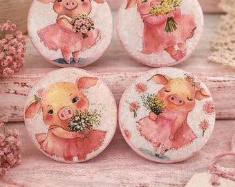 Pink Pig Cabinet Knobs Set of Farm Animal Drawer Pulls, Nursery Dresser Knobs, Shabby Chic Kids Room Decor, Cottagecore Furniture Hardware