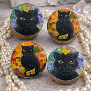 Black Cat Cabinet Knobs Set of 4 – Whimsical Cat Drawer Pulls, Colorful Furniture Knobs, Cat Lover Gift, Unique Home Decor
