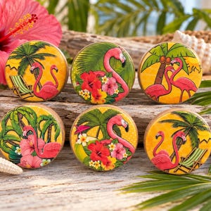 RSVD! Pink Flamingo Cabinet Knobs Handmade Wood Drawer Pulls Set of 6