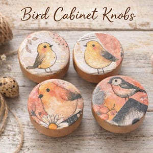 May include: Four round wooden cabinet knobs featuring printed illustrations of small birds in shades of yellow, orange, and brown. The text Bird Cabinet Knobs is displayed at the top. Each knob has a smooth, light-colored wood base and a flat top.