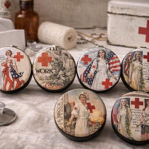 Vintage Red Cross Nurse Cabinet Knobs Set of 6 – Patriotic WWII Style Drawer Pulls – Handmade Wood Furniture Hardware – Unique Gift