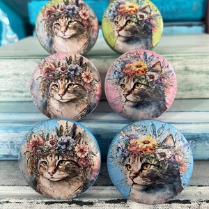 CATS Boho Floral Cabinet Knobs Drawer Pulls Handmade Wood Set of 6 - Cat Lover Home Decor