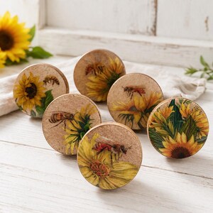 Bee & Sunflower Cabinet Knobs Set, Rustic Farmhouse Drawer Pulls, Vintage Floral Kitchen Hardware, Cottage Decor Knobs