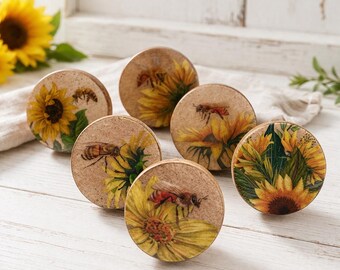 Bee & Sunflower Cabinet Knobs Set, Rustic Farmhouse Drawer Pulls, Vintage Floral Kitchen Hardware, Cottage Decor Knobs