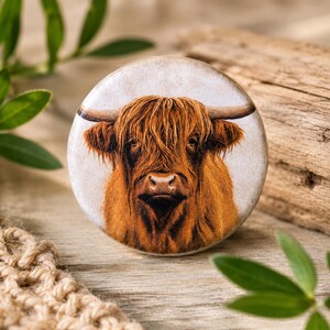 May include: A round button featuring a detailed illustration of a Highland cow. The cow has long, shaggy, reddish-brown fur, dark eyes, and curved horns. The background is a light beige color.
