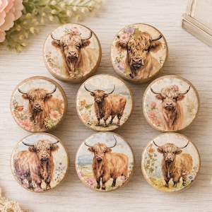 May include: Nine round decorative cabinet knobs featuring Highland cattle illustrations. The knobs have a light brown wood grain appearance and are adorned with floral accents. The artwork depicts the cattle in various poses, with long horns and shaggy fur.