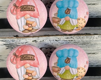 Gnomes Coffee Dessert Bar Theme Shabby Handmade Wood Cabinet Knobs Drawer Pulls Set of 4