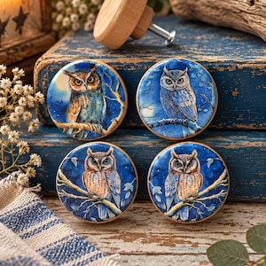May include: Four round wooden cabinet knobs featuring detailed illustrations of owls perched on branches against a dark blue night sky background. Each knob has a smooth, circular face with a unique owl design and a natural light wood base with a metal screw.