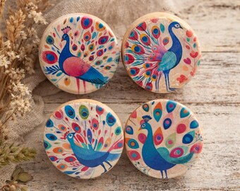 Colorful Peacock Cabinet Knobs – Handmade Boho Drawer Pulls – Rustic Farmhouse Furniture Hardware – Set of 4