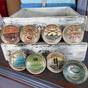 Shabby Rustic Coastal Surf Theme Handmade Wood Knobs Drawer Pulls Set of 8 - Retro Beach House Decor