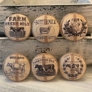 FARMHOUSE Cabinet Knobs Drawer Pulls Set of 6: Dairy Cow  Farm Fresh Shabby Cottage