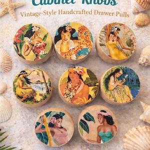Retro Hawaiian Wood Cabinet Knobs: Coastal Decor, Handmade Wood Drawer Pulls Set