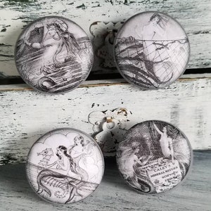 Vintage Mermaid Drawer Pulls Cabinet Knobs Set of 4 Handmade Wood - Shabby Coastal Beach Cottage Decor