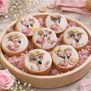 May include: A wooden tray holds seven round cookies, each decorated with a flamingo design. The flamingos are depicted in various poses, wearing hats, sunglasses, and floral accents. The cookies sit on pink shredded paper.