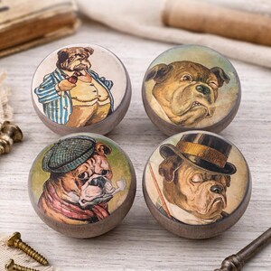 Vintage Bulldog Wooden Cabinet Knobs, Set of 4 Drawer Pulls, Dog Lover Decor, Rustic Farmhouse Furniture Hardware, Unique Animal Knobs