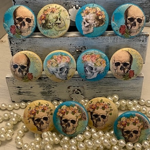 Shabby French Floral SKULL Handmade Wood Cabinet Knobs or Drawer Pulls Set of 12