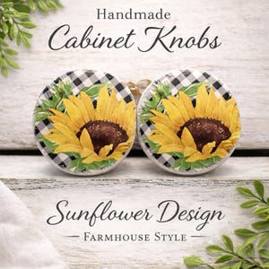 Farmhouse Buffalo Check Sunflower Cabinet Knobs Handmade Wood Furniture Drawer Pulls Set