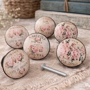 Set of 6 Handmade Wood Rose Cabinet Knobs – Shabby Chic Drawer Pulls – Floral French Country