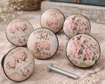 Set of 6 Handmade Wood Rose Cabinet Knobs – Shabby Chic Drawer Pulls – Floral French Country
