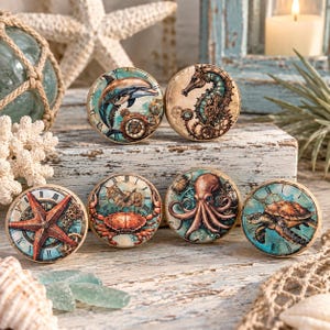 May include: A set of six round cabinet knobs featuring detailed illustrations of marine life including a dolphin, seahorse, starfish, crab, octopus, and sea turtle, each integrated with mechanical clockwork gears and Roman numeral clock faces.