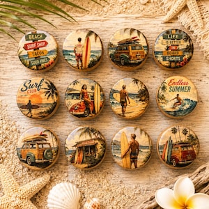 May include: A collection of twelve round wooden decorative magnets with vintage surf-themed designs. The magnets feature images of surfers, surfboards, beach scenes, and text like "Beach Surf Shop" and "Endless Summer."