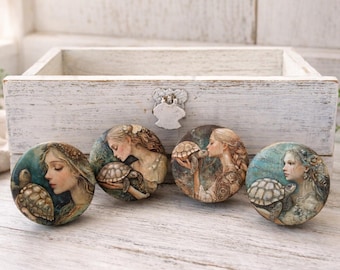 Vintage Renaissance Maiden Cabinet Knobs Set, Turtle Art Drawer Pulls, Cottagecore Boho Decor, Fantasy Furniture Knobs, Unique Hardware