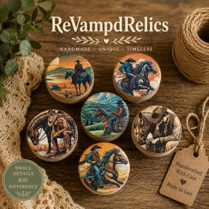 May include: A collection of six wooden round decorative pieces, each featuring a cowboy riding a horse in a Western-themed illustration. The pieces are arranged on a wooden surface, with the text "ReVampdRelics" at the top.