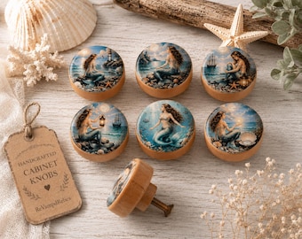 Mermaid Cabinet Knobs - Wood Drawer Pulls  Coastal Beach House Decor