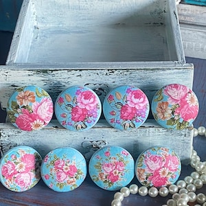 Shabby French Country Floral Cabinet Knobs Drawer Pulls Set of 8 - Handmade Wood