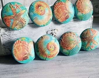 Coastal Beach House Theme Handmade Wood Cabinet Knobs or Drawer Pulls Set of 8