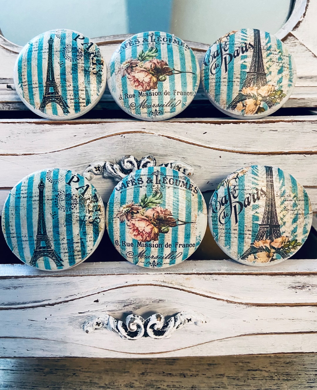 Shabby French Country Knobs Drawer Pulls Set of 6 Paris Floral