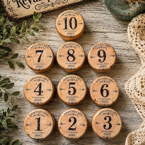 May include: Ten round, tan-colored wooden discs arranged in a pyramid, each printed with the word Apothecary, a unique number from 1 to 10, and the text Established 1885. The discs feature a distressed, vintage-style finish with black ink.