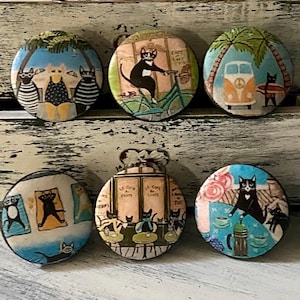 Cat Cabinet Knobs Handmade Wood Furniture Drawer Pulls - Kitty Cats Beach Vacation
