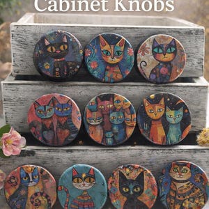 Handmade Cat Cabinet Knobs – Colorful Folk Art Cat Drawer Pulls – Whimsical Cat Dresser Knobs – Unique Cat Lover Gift –