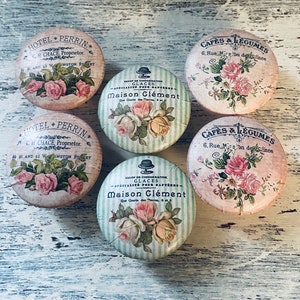 Shabby French Country Floral Cabinet Knobs Drawer Pulls Set of 6 Paris Label Ephemera Typography