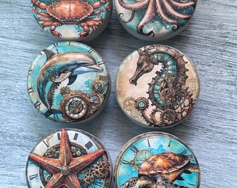 Coastal Cabinet Knobs Drawer Pulls Rustic Beach House Decor Sea Turtle Dolphin Octopus Sea Horse Starfish - Set of 6