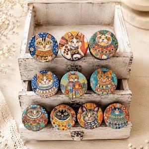 CAT Cabinet Knobs Drawer Pulls Set of Whimsical Folk Art Boho Cottage Eclectic Home Decor