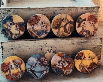 Gothic Skeleton Couple Cabinet Knobs - Handmade Wood Pulls, Set of 8