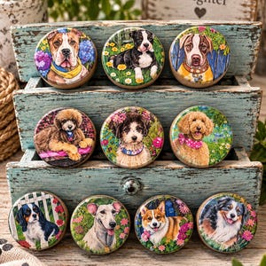 Handcrafted Whimsy Floral Garden Dog  Cabinet Knobs - Wooden Drawer Pulls