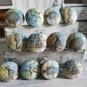 Coastal Sea Life Theme Beach House Handmade Wood Cabinet Knobs or Drawer Pulls Set of 12