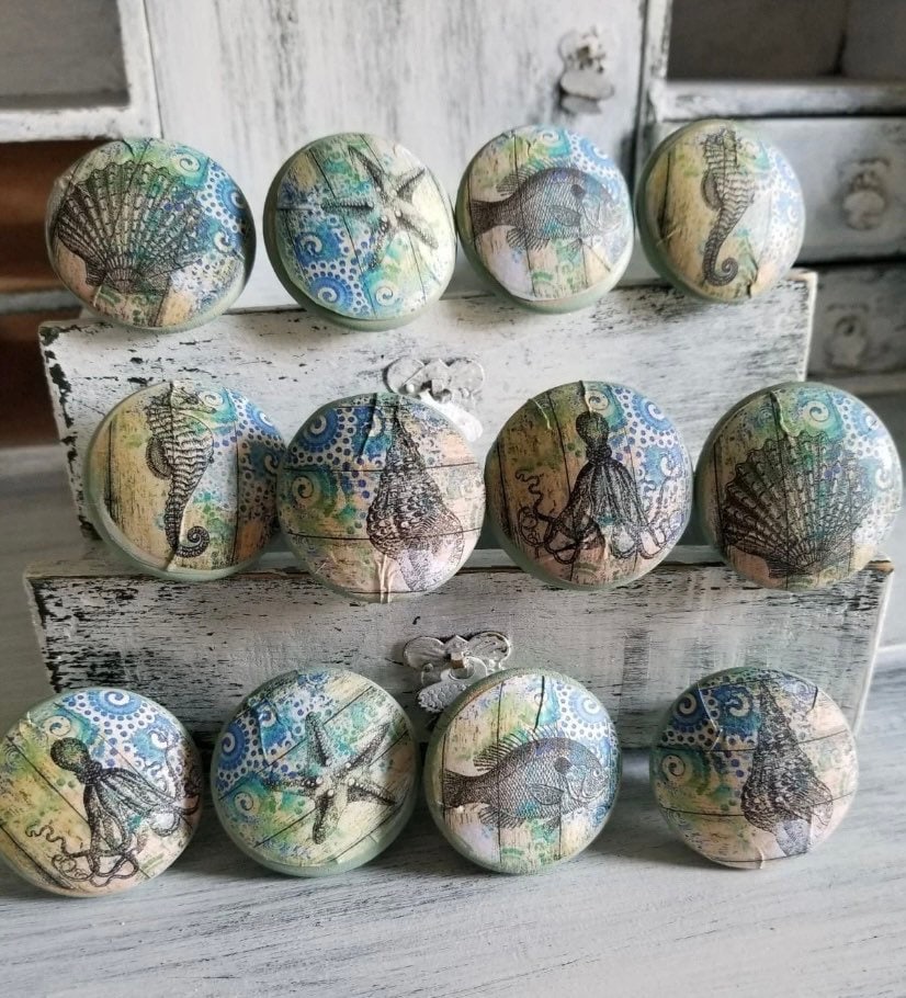 Coastal Sea Life Theme Beach House Handmade Wood Cabinet Knobs or Drawer Pulls Set of 12